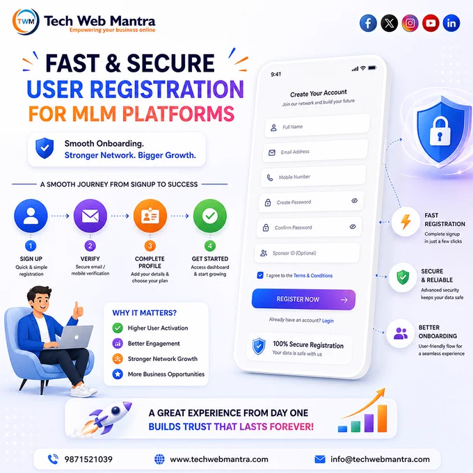 Tech Web Mantra promotional graphic showcasing a fast and secure MLM user registration system with mobile-friendly onboarding, email verification, sponsor tracking, profile completion, secure account creation, and automated member activation. The design highlights MLM software features that improve distributor onboarding, user engagement, network growth, and registration management for direct selling businesses across India.

mlm software company India, best mlm software company India, mlm user registration software, mlm onboarding software, distributor registration software, network marketing software, direct selling software, mlm member management software, mlm automation software, referral tracking software, sponsor tracking software, mlm signup system, mlm registration system, mlm software solution, binary mlm software, matrix mlm software, unilevel mlm software, cloud based mlm software, mobile friendly mlm software, secure mlm software, distributor onboarding platform, mlm
