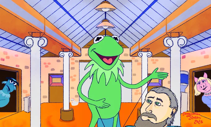 Fan art of the Muppet*Vision 3D opening scene with Jim Henson performing Kermit the Frog. Also Sam Eagle and Miss Piggy are visible in the background. 

Artist signature reads "Imagination Station 2026"
