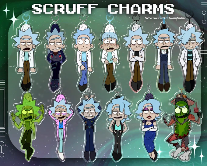 Rick Sanchez keychain designs by VicArtless. The spread features designs (in order from top left to right) of C-137, Prime, Young Rick, Doofus, Evil, Homesteader, Zero, Toxic, Miami, Cop, Memory, Female, and Pickle Rick.
