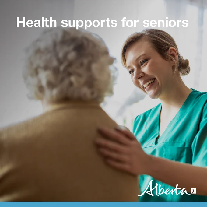 Health care worker places hand on back of patient. Text reads: Health supports for seniors. Alberta logo in bottom right corner. 