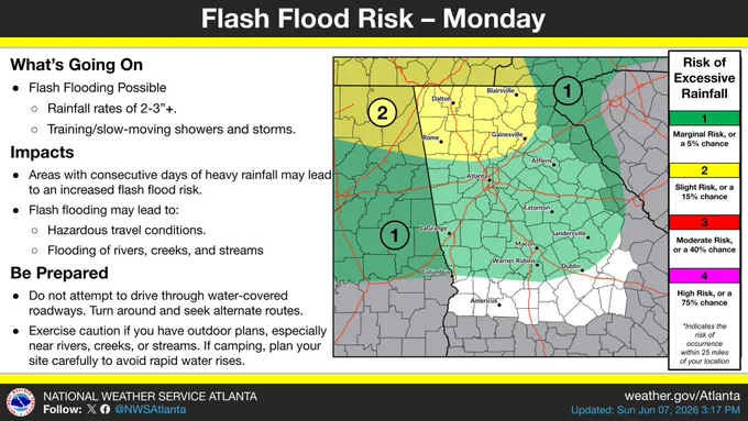 The graphic has a map on the right highlighting the primary flood risk area. Detailed information about what to expect, including flash flood risk and preparation tips, are listed on the left. 
