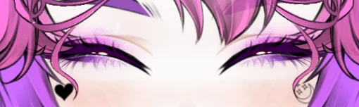 A cropped image of a character with pink and purple hair as well as pink and purple eyeshadow and two facial tattoos