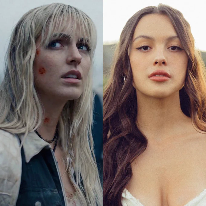 Side-by-side image featuring McKenna Grace as Maysilee Donner in The Hunger Games: Sunrise on the Reaping and Olivia Rodrigo in promotional imagery for her song “Can’t Catch Me Now” from The Ballad of Songbirds & Snakes. On the left, Maysilee has platinum blonde hair, visible cuts and scrapes, and wears a weathered District 12 tribute outfit while looking upward. On the right, Rodrigo stands outdoors in a white dress with long brown hair. The graphic accompanies Grace’s quote about listening to “Can’t Catch Me Now” repeatedly while filming Sunrise on the Reaping.