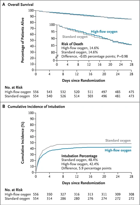 The image consists of two graphs titled "Overall Survival" and "Cumulative Incidence of Intubation." Both graphs compare high-flow oxygen and standard oxygen treatments. Graph A shows the probability of survival during the first 28 days after randomization in the group that received high-flow oxygen and the group that received standard oxygen. Graph B depicts the cumulative incidence of intubation during the first 28 days after randomization, with death considered as a competing event. Below each graph are tables showing the number of patients at risk.