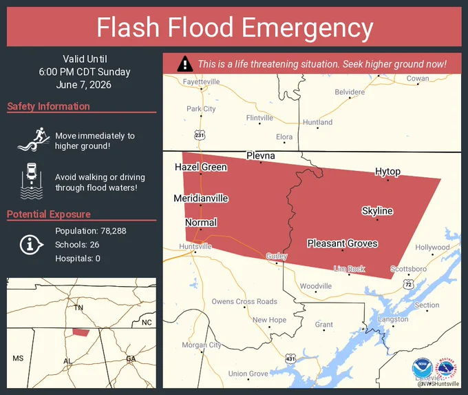 This graphic displays a flash flood emergency plotted on a map. The warning is in effect until 6:00 PM CDT. The warning includes Meridianville AL, Moores Mill AL and Hazel Green AL.  This warning is for Northeastern Madison County in north central Alabama and Northwestern Jackson County in northeastern Alabama. Avoid walking or driving through flood waters! Move immediately to higher ground! There are 78,288 people in the warning along with 26 schools and 0 hospitals.