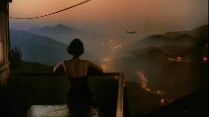A solitary woman in a dark dress leans against a railing, looking out over layers of misty mountains and scattered lights in the valley below. A commercial aircraft appears in the distance against the fading evening sky. The image has a cinematic, film-like quality with soft focus and warm glowing lights emerging through the landscape