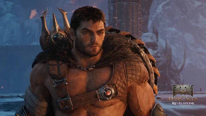 The bare-chested Doom Slayer stands confidently, wearing his reforged Shield Saw on this back and leather straps across his chest. The background features a dark, icy Hellscape, adding a dramatic feel. The game's title 'DOOM: Dark Ages | Revelations' is visible in the lower right corner.