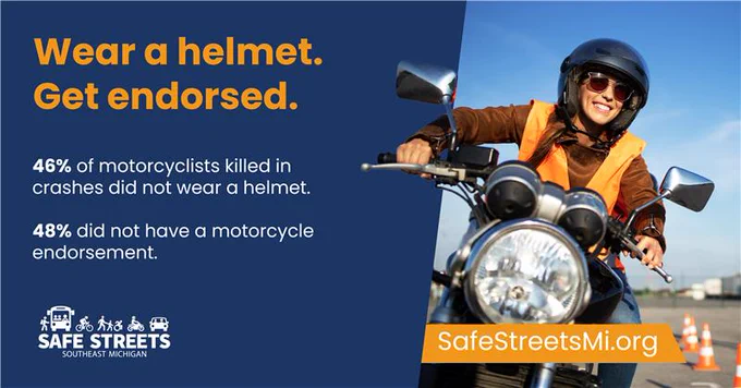  Motorcycle safety graphic advising riders to wear helmets and obtain license endorsement. 46 percent of motorcyclists killed in crashes did not wear a helmet. 48 percent did not have a motorcycle endorsement. Visit SafeStreetsMi.org for more information.