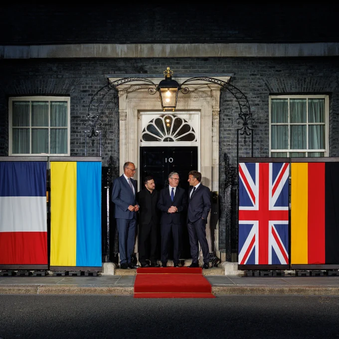 Prime Minister Keir Starmer meets with German Chancellor Friedrich Merz, French President Emmanuel Macron and Ukrainian President Volodymyr Zelenskyy during an E3 Leaders meeting outside No10 Downing Street.