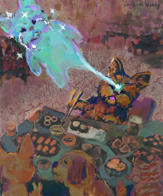 Painting of a Yorkshire Terrier doing astral projection in a Japanese restaurant; he has two dog friends and a cat.