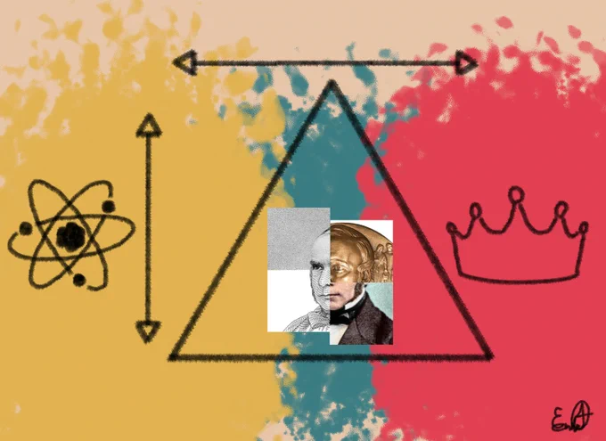 This is a collage with a triangle in between and a photo of a man in the center. The man's photo has been divided into four parts. There are splashes of yellow, blue, and red in the background. There is an orbit drawing on one side of the triangle and a crown on another side.