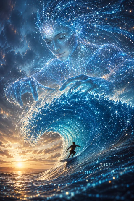 A surfer rides a vibrant, digital ocean wave, while a figure made of glowing data patterns hovers above, symbolizing AI.