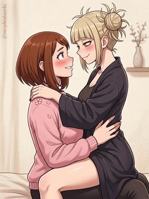 Ochaco Uraraka and Himiko Toga in a tender embrace. The short-haired brunette Uraraka, wearing a pink sweater with cherry blossom detail, sits on the lap of the blonde Himiko Toga with messy top bun, dressed in a black open robe. They gaze lovingly at each other with blushing cheeks and soft smiles, bathed in warm gentle lighting in a cozy room. Watermark @morphinkworks
. Romantic Togachako moment.