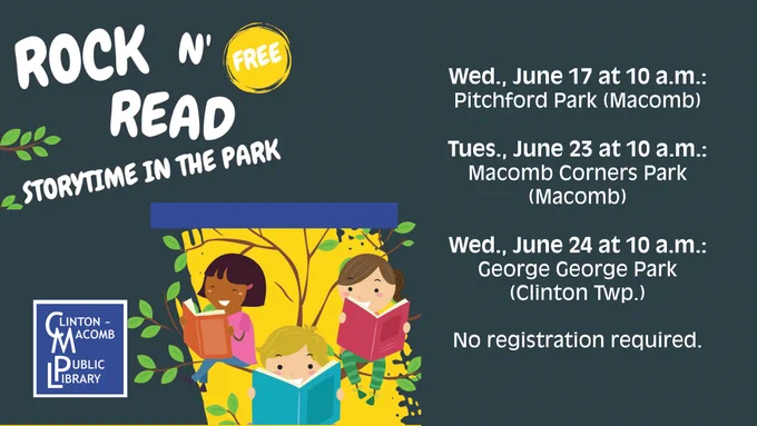 Illustration of three children reading books under a tree with event details for free Rock N' Read storytime sessions in Macomb parks.
