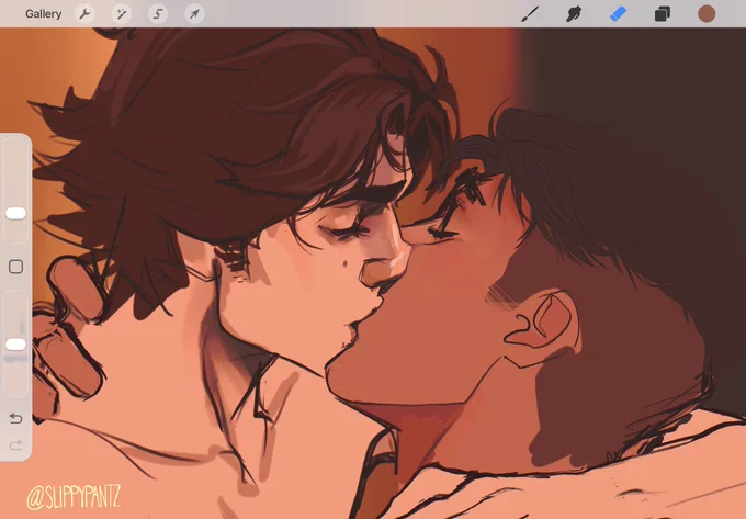 Cropped digital drawing of Viktor and Jayce kissing (nudity is implied)