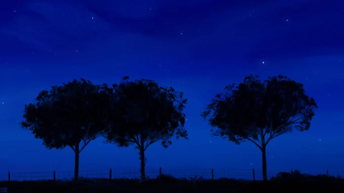 Digital painting of a nightfall scene: the sky is dark blue, a little foggy, with many glowing stars scattered all over. The landscape is dark, some grass, three trees, and a wire fence in the distance.