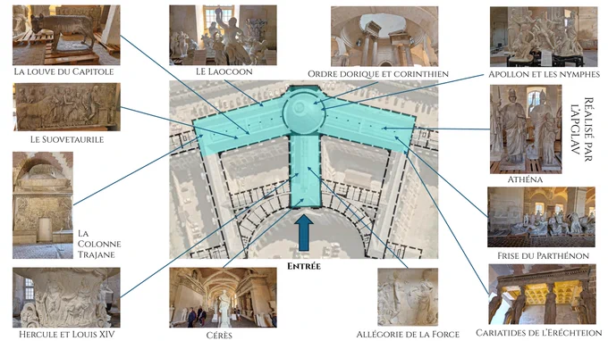 Plan de la petite écurie entourée de photos avec une légende