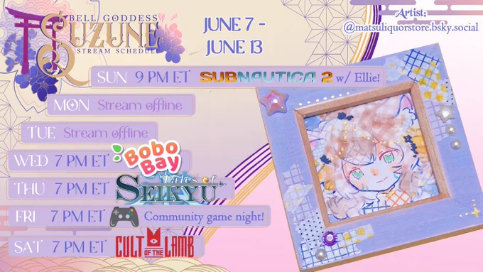 Schedule for 6/07 - 6/13:
Sun, 9 PM ET: Subnautica 2 with @elfvt !
Wed, 7 PM ET: Bobo Bay!
Thurs, 7 PM ET: Tales of Seikyu launch day!
Fri, 7 PM ET: Community game night!
Sat, 7 PM ET: Cult of the Lamb!