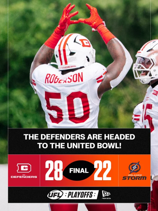 A football player of the Defenders celebrates a victory. The team beat the Orlando Storm 28-22 in the playoffs.