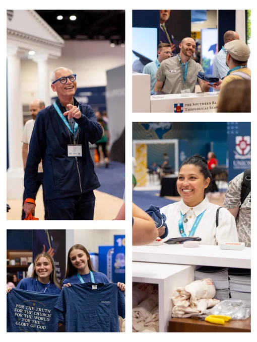 People engage and smile at a booth for The Southern Baptist Theological Seminary. Attendees are interacting and displaying merchandise such as T-shirts.
