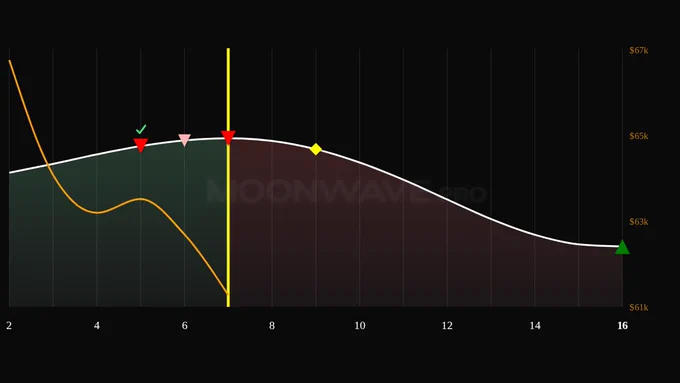 Moonwave 2-week predicted market sentiment chart for Jun 7, 2026. The chart shows predicted bullish/bearish sentiment and likely buy/sell/derisk points, with the price of BTC overlaid as an orange line.