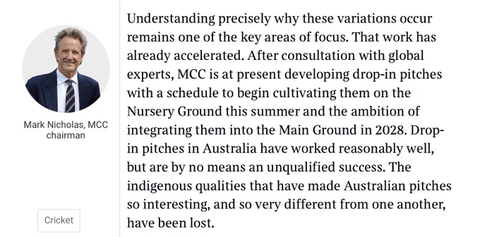 “after consultation with global experts, MCC is at present developing drop-in pitches with a schedule to begin cultivating them on the Nursery Ground this summer and the ambition of integrating them into the Main Ground in 2028.”