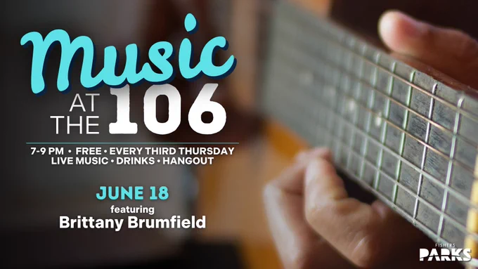 A close-up of a person playing a guitar with text overlay. The text reads: "Music at The 106, 7-9 PM • Free • Every Third Thursday • Live Music • Drinks • Hangout. June 18 featuring Brittany Brumfield." The Tulsa Parks logo is in the bottom right corner.