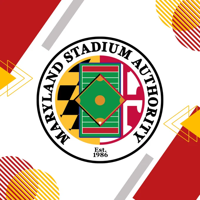 Logo of the Maryland Stadium Authority featuring a baseball field at the center, surrounded by red and black patterns. Text reads "Maryland Stadium Authority Est. 1986." Geometric designs with red, yellow, and white elements are present in the background.