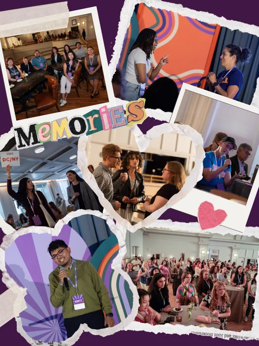 This collage features a series of colorful images from a conference or event. Attendees are engaged in conversations and activities. The word "Memories" is prominently displayed, and a heart shape is used to frame one of the photos. Various interactions depict a lively and engaging atmosphere.