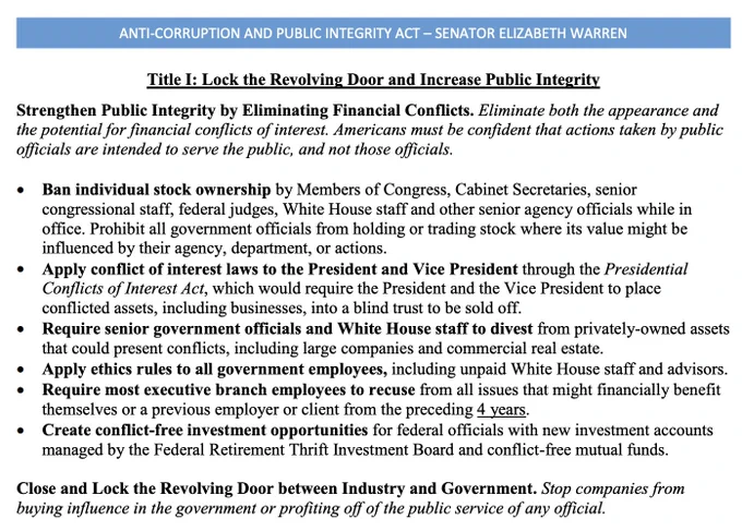 summary of the Anti-Corruption and Public Integrity Act (115th): https://www.warren.senate.gov/imo/media/doc/Master Summary of Anti Corruption Act - FINAL.pdf