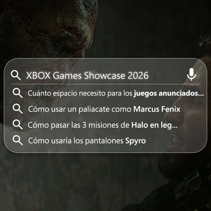 Imagen promocional estilo interfaz de buscador sobre un fondo oscuro con tonos verdes. Al centro aparece una barra de búsqueda con el texto “XBOX Games Showcase 2026”. Debajo se despliega una lista de sugerencias que incluyen frases como: “Cuánto espacio necesito para los juegos anunciados…”, “Cómo usar un paliacate como Marcus Fenix”, “Cómo pasar las 3 misiones de Halo en leg…”, y “Cómo usaría los pantalones Spyro”.