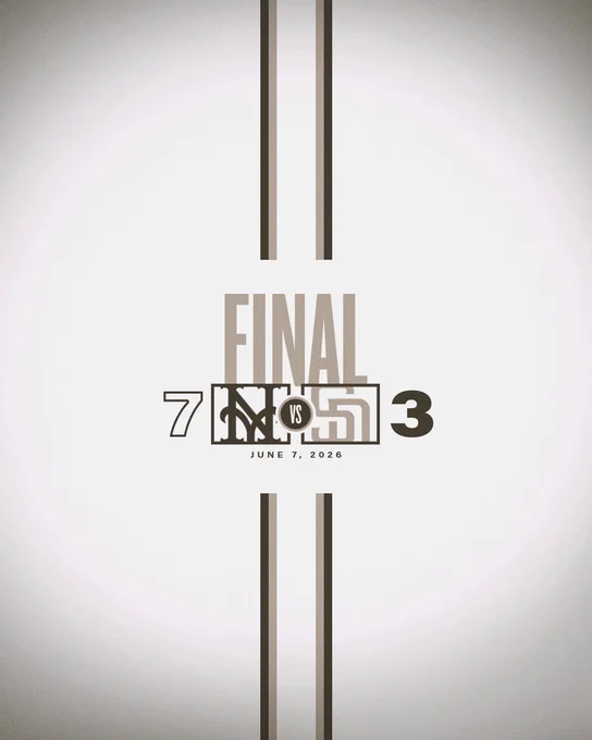 Padres Final Score Graphic. The background of the graphic is white camo. In the center of the graphic, brown text reads “FINAL”. Below is today’s final score: Mets 7, Padres 3. Today’s date is written below the final score: June 7, 2026. 