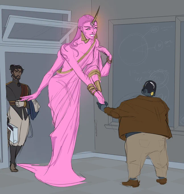 Rough colored sketch of my headcanon for Nashala, the djinn that Mirage (deadlock) is the sworn protector of. Shes joyfully greeting Dynamo in his classroom. She is 12 ft tall, pink-skinned with a gold horn and a gauzy, wraped, sari-like dress. Her eyes are an eerie white, she has a cutey smile on. 