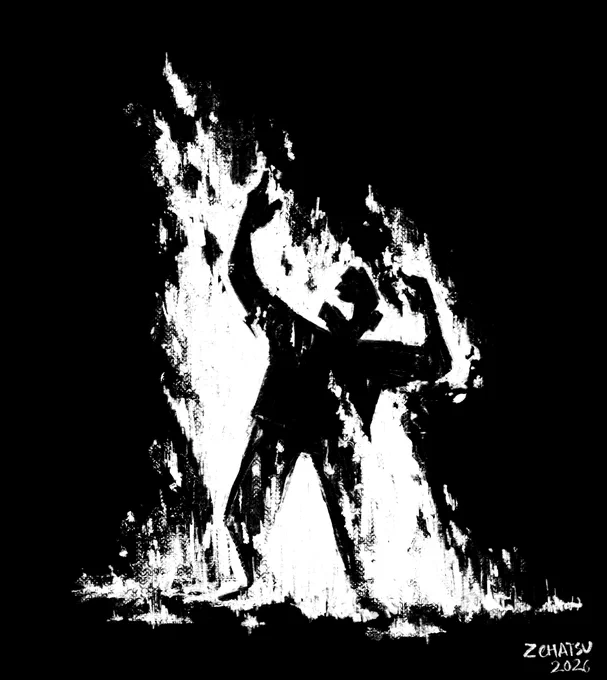 Drawing of a man who is on fire.