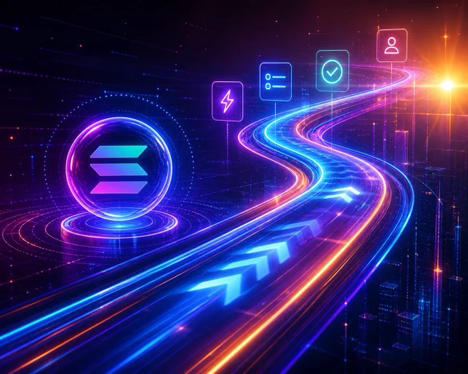 Futuristic neon digital interface with a glowing pathway and interactive holographic elements, representing continuous improvement, speed, and seamless user experience powered by Solana, symbolizing innovation and efficiency for Kinny List platform