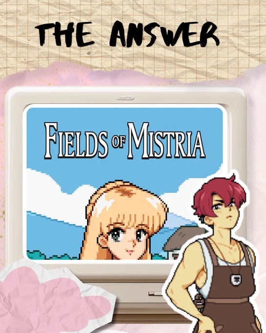 Answer reveal slide showing the game Fields of Mistria on a retro computer monitor with a character illustration beside it. Large text reads "The Answer."