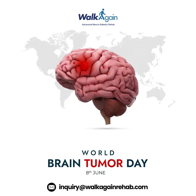 World Brain Tumor Day awareness graphic from Walk Again Advanced Neuro-Robotic Rehab. A 3D illustration of a human brain is displayed against a light background with a highlighted red area representing a brain tumor. A subtle world map appears behind the brain. The text reads “World Brain Tumor Day – 8th June,” with contact information: inquiry@walkagainrehab.com. The design promotes awareness, early detection, and support for individuals affected by brain tumors.