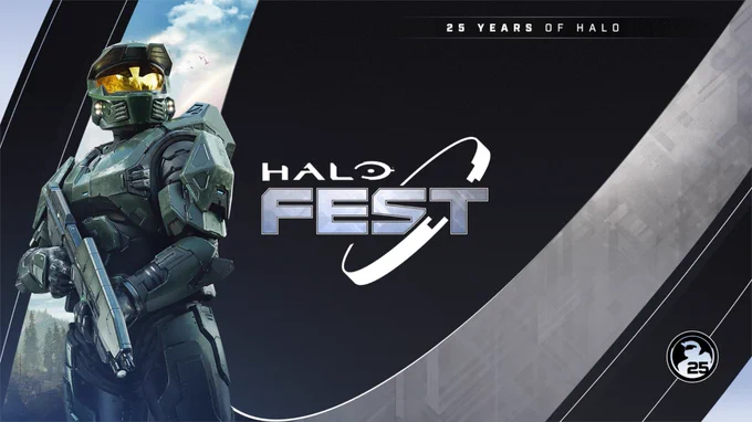A promotional image for 'Halo Fest' celebrating 25 years of the Halo franchise. Features Master Chief, with the text 'HALO FEST' prominently displayed with a sleek, modern design.