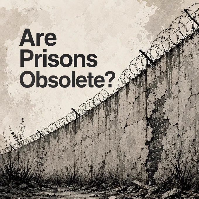 Image description: Picture of a prison wall with the following text next to it:

"Are Prisons Obsolete?"