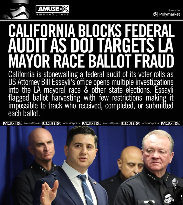 California is stonewalling a federal audit of its voter rolls as US Attorney Bill Essayli's office opens multiple investigations into the LA mayoral race & other state elections. Essayli flagged ballot harvesting with few restrictions making it impossible to track who received, completed, or submitted each ballot.