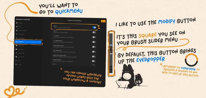 Panel two of a four panel instructional on using the Quick Menu in Procreate. The panel includes screenshots from Procreate and various doodles in a warm yellow and deep grey. Text reads, "You'll want to go to QuickMenu. I like to use the Modify button. It's this square you see on your brush slider menu. Be default, this button brings up the eyedropper. I remapped my eyedropper to pressing & holding on any area to free up this button. You can choose whichever option works best for your workflow & comfort."