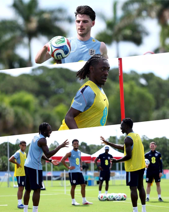 Three image split of the Arsenal players joining the England group training: 

Top image: Declan Rice training
Middle image: Eberechi Eze Training
Bottom image: Noni Madueke and Bukayo Saka training 