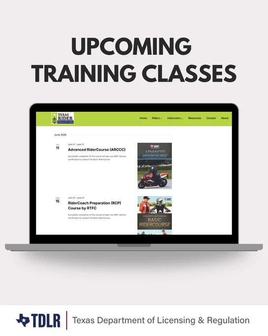 A laptop displaying a website for Texas Rider, showing upcoming training classes including the Advanced RiderCourse and RiderCoach Preparation Course by PTEC. TDLR logo and text for Texas Department of Licensing & Regulation are at the bottom.
