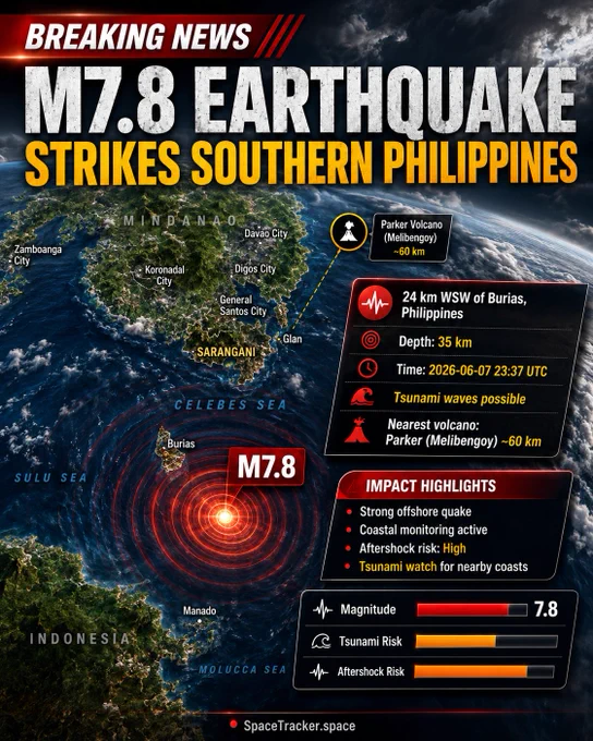 🚨 BREAKING: M7.8 EARTHQUAKE — SOUTHERN PHILIPPINES 🚨

A powerful M7.8 quake struck near Burias, southern Mindanao, at about 35 km depth.

📍 Location: 24 km WSW of Burias
🌊 Tsunami waves possible
🌋 Nearest volcano: Parker / Melibengoy ~60 km
⚠️ Aftershock risk: HIGH

POWER SIGNAL
Magnitude: █████████░ 7.8
Tsunami Risk: ███████░░
Aftershocks: ████████░

Coastal areas should follow official tsunami and evacuation alerts immediately.

SpaceTracker.space

#BreakingNews #PhilippinesEarthquake #Mindanao #Burias #Tsunami #Earthquake #M78 #RingOfFire #VolcanoWatch #PHIVOLCS #USGS #DisasterAlert #SpaceTracker