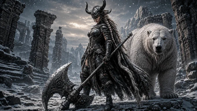 Full-body dark-fantasy image of Randgrid the Shield-Breaker, a frost valkyrie warrior in a horned dark iron helmet, long pale blonde braids, frost-worn black and silver armor, and a fur cloak, standing in snow-covered ruins with her massive ornate great axe, Ironwinter. Beside and slightly behind her stands Styrbjorn the White Bear, large and clearly visible, in a cold mythic winter scene with drifting snow, ancient stone, and cinematic depth.
