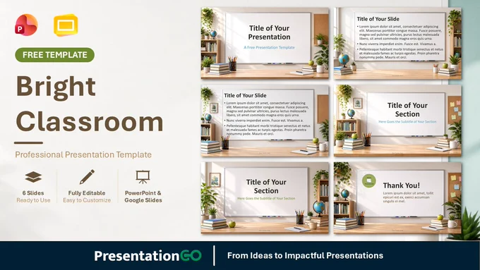 Bright Classroom template for PowerPoint and Google Slides with whiteboard slides, classroom decor, and teacher-friendly layouts.