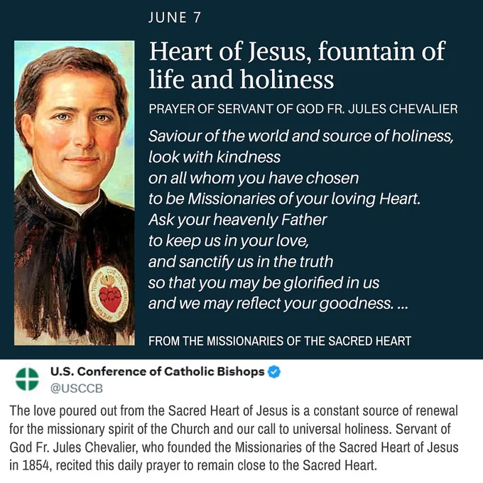 On the left is a portrait of Servant of God Fr. Jules Chevalier, founder of the Missionaries of the Sacred Heart, wearing a black clerical garment with the Sacred Heart emblem displayed on his chest. On the right, against a dark blue background, white text reads: “JUNE 7 – Heart of Jesus, fountain of life and holiness.” Beneath the title is an excerpt from a prayer by Fr. Chevalier asking Jesus to keep His followers in love, sanctify them in truth, unite them in His divine Heart, and help them reflect His goodness. The prayer ends with an ellipsis indicating it continues in the accompanying post.

Below the prayer graphic is a screenshot of a U.S. Conference of Catholic Bishops (USCCB) post explaining that the love flowing from the Sacred Heart renews the Church's missionary spirit and call to holiness. The graphic serves as Day 5 of a Novena to the Sacred Heart of Jesus, focusing on holiness, mission, unity, and the Sacred Heart as the source of Christian life.