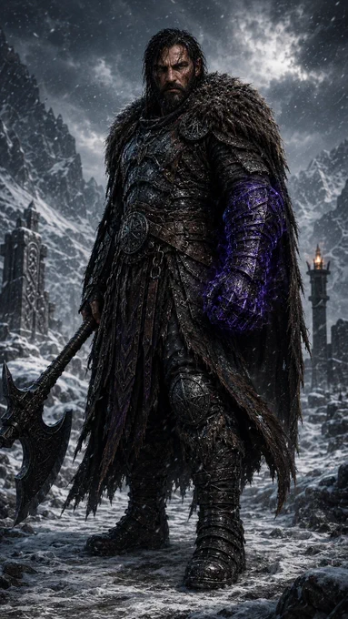 Full-body dark-fantasy image of Hakon Ironhand, a scarred northern exile and fallen Close North champion standing on a snowy mountain path. He wears frost-worn blackened iron armor, layered leather, heavy boots, and a ragged fur mantle while holding a dark battle axe. His right arm is a larger DARK-enhanced purple-black war gauntlet with violet emission cracks, making him look dangerous, bitter, and corrupted by exile.