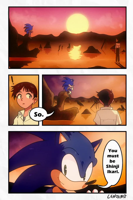 Sonic and Shinji from Sonic the Hedgehog and Neon Genesis Evangelion, respectively, have an unexpected encounter