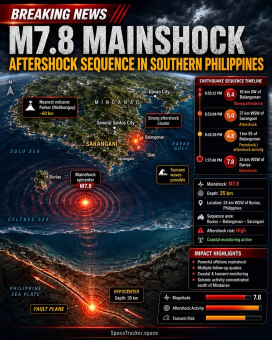 🚨 BREAKING: Southern Philippines Earthquake Sequence 🚨

A powerful **M7.8 mainshock** near **Burias** is now followed by a strong quake cluster near **Balangonan / Sarangani**.

Timeline:
🔴 7:37 PM — M7.8 Burias mainshock
🟠 8:42 PM — M4.8 Balangonan
🟠 8:53 PM — M5.0 Sarangani
🔴 8:55 PM — M6.4 Balangonan aftershock

🌊 Tsunami waves possible
⚠️ Aftershock risk: HIGH
🌋 Nearest volcano: Parker / Melibengoy ~60 km

Magnitude: █████████░ 7.8
Aftershocks: ████████░ High
Tsunami Risk: ███████░░ Watch

Follow official alerts immediately.

SpaceTracker.space

#BreakingNews #PhilippinesEarthquake #Mindanao #Burias #Balangonan #Sarangani #M78 #Earthquake #Aftershocks #Tsunami #RingOfFire #PHIVOLCS #USGS #VolcanoWatch #SpaceTracker
